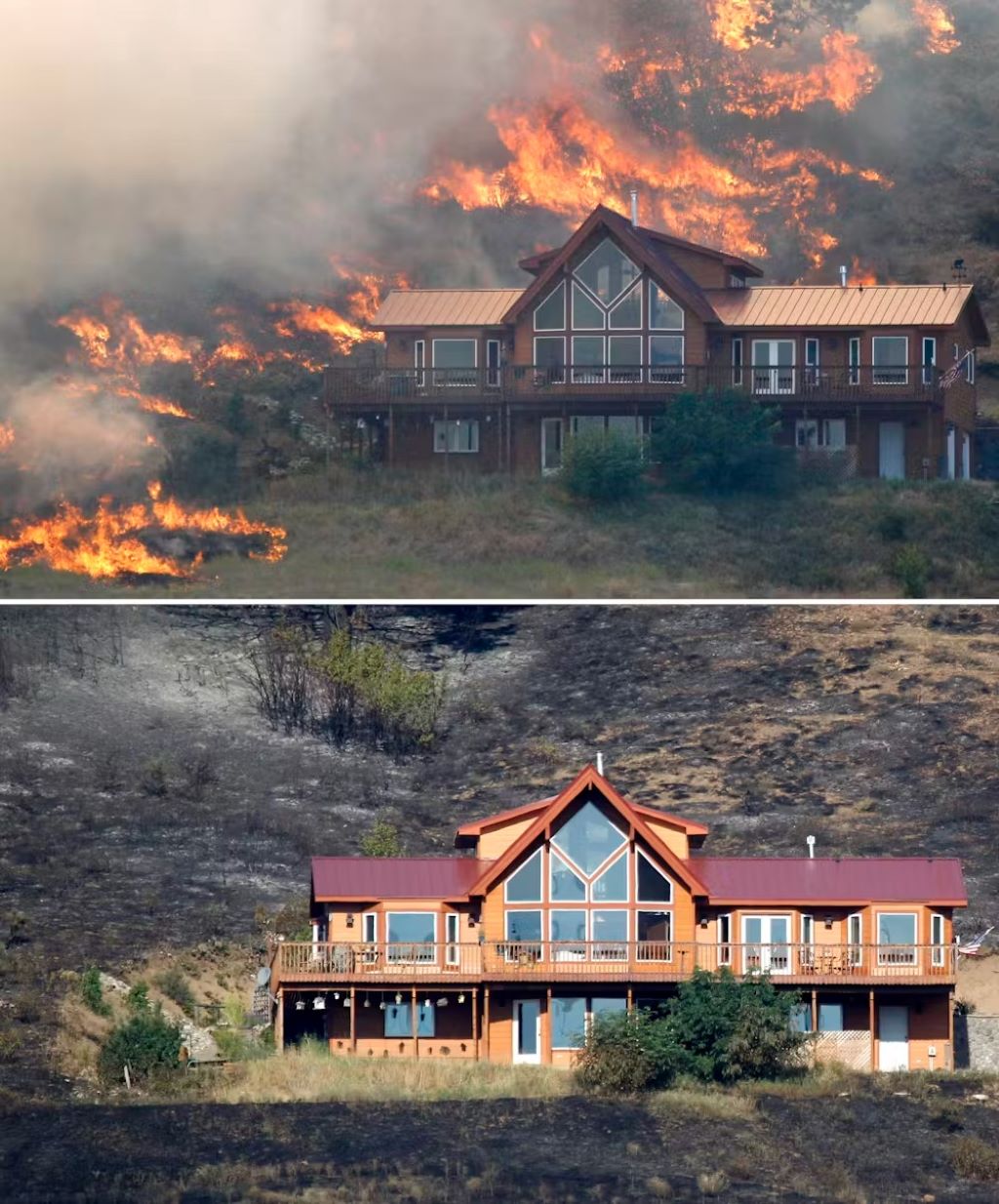 California home with wildfire-resistant roof surrounded by dry vegetation, illustrating wildfire-proof roofing for homeowners