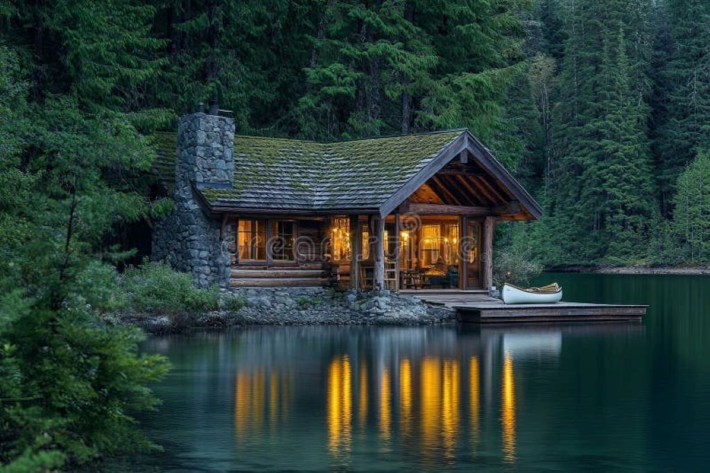 A wooden mountain cabin surrounded by trees, with a focus on its roof, illustrating roof maintenance tips for forested areas