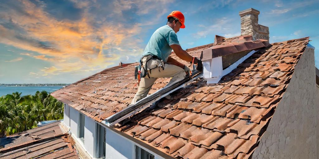 Florida roof showing top 8 issues like water damage, mold, and wind damage, alongside repair solutions and maintenance guidance
