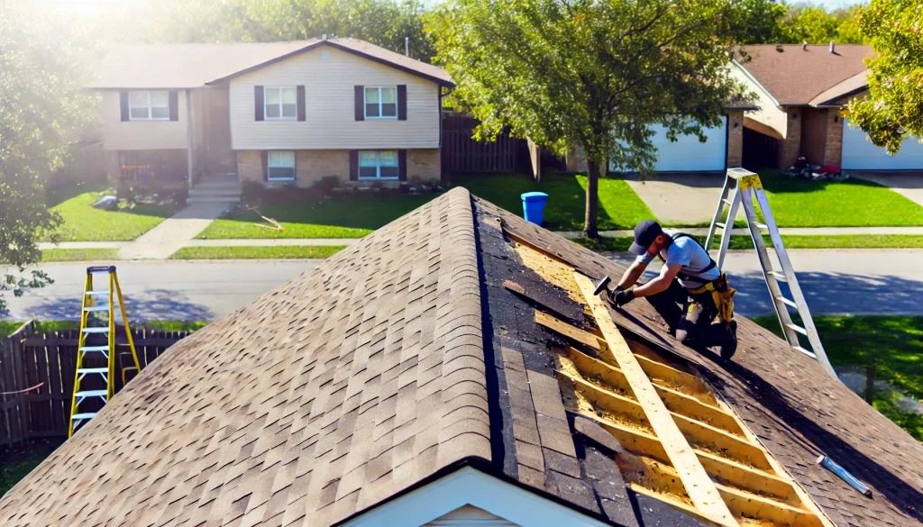 Illustration of roof damage in Texas, including storm impact, leaks, and repair solutions, with clear signs of deterioration