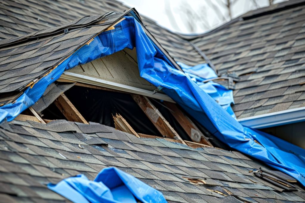 Damaged roof with missing shingles under California weather conditions, illustrating how weather can harm roofs and tips for prevention