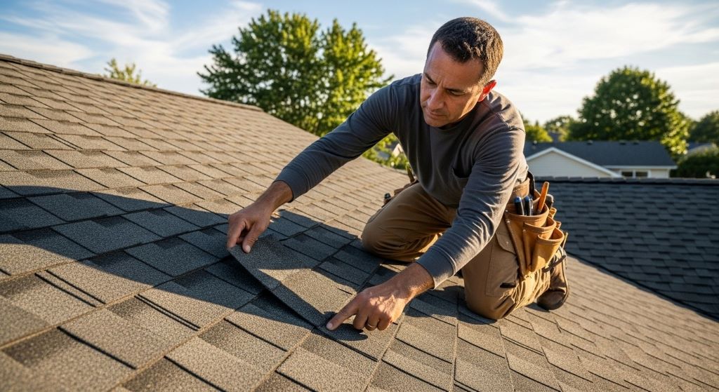 Professional roofer inspecting asphalt shingles during routine roof maintenance check on residential home