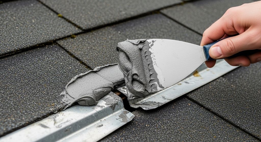 Close-up of roof cement being spread over a damaged flashing gap with a putty knife