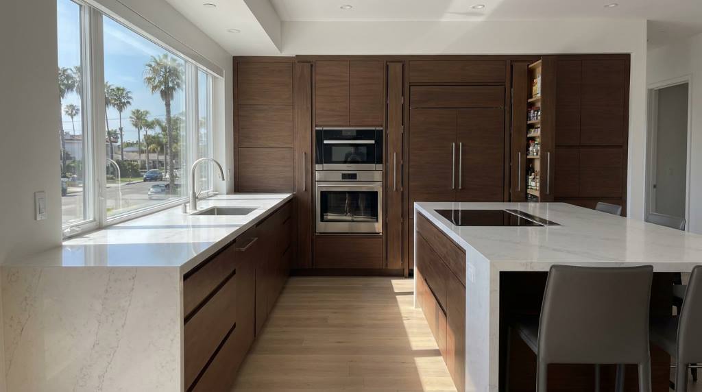 Coastal California kitchen with seamless cabinet spacing
