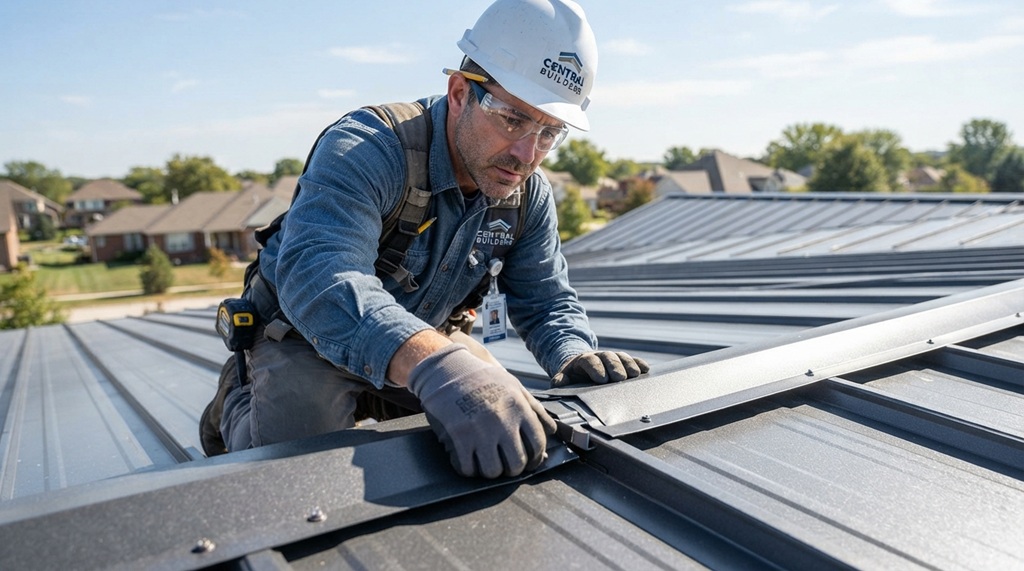 Male roofing contractor in safety hat inspecting durable metal roof panels.