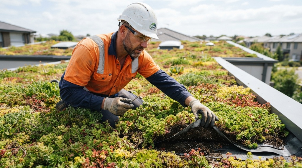 A male contractor inspecting green vegetative roofing materials on a modern home roof.