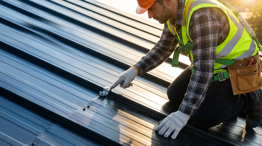 Male contractor inspecting modern metal roofing installation using safety gear outdoors.