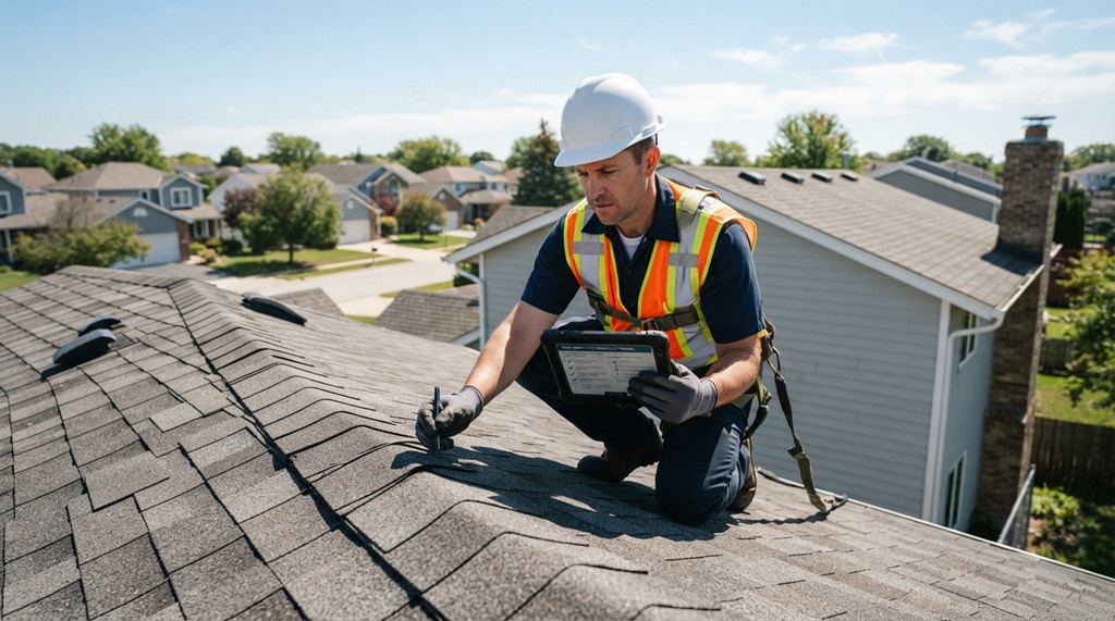 Male roof inspector assessing shingle quality on residential rooftop with tablet.