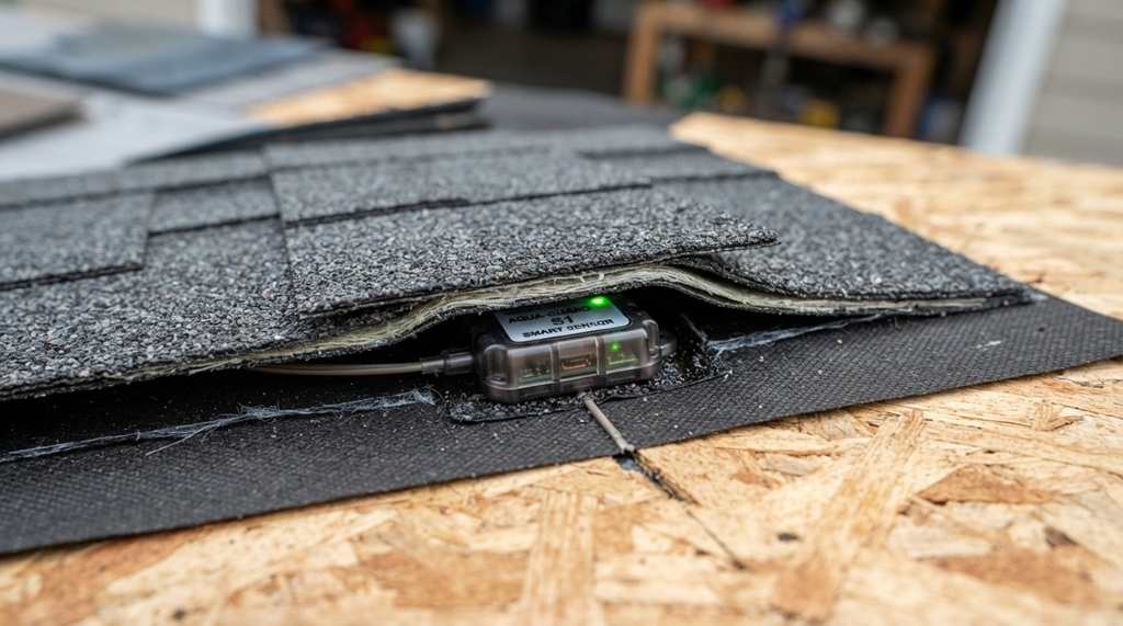 A small smart leak sensor installed under roof shingles to detect moisture early.