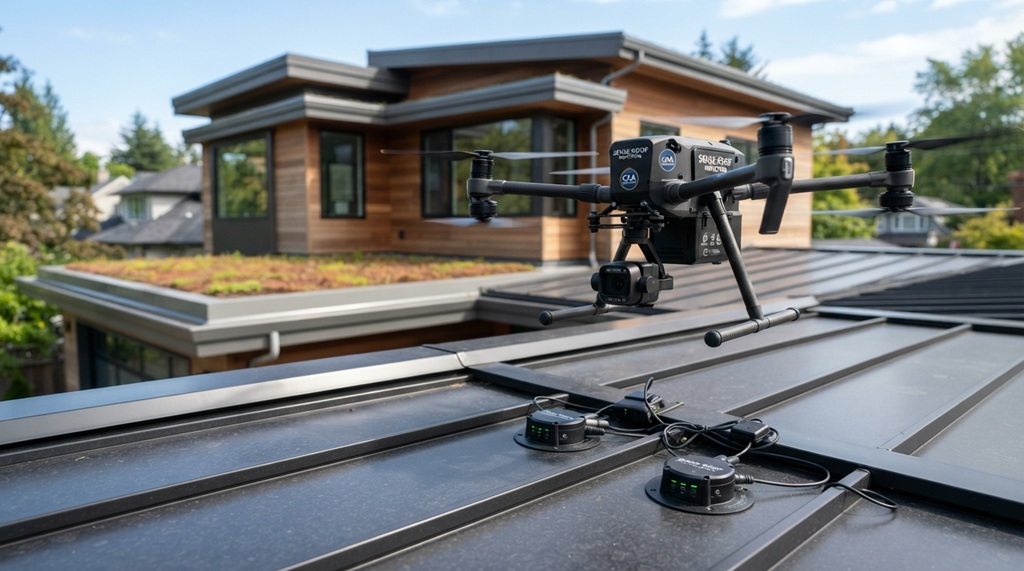 High tech drone carrying out automated roof inspection on modern residential home.