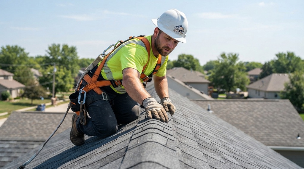 Male worker inspecting new shingle installation on residential roof peak.